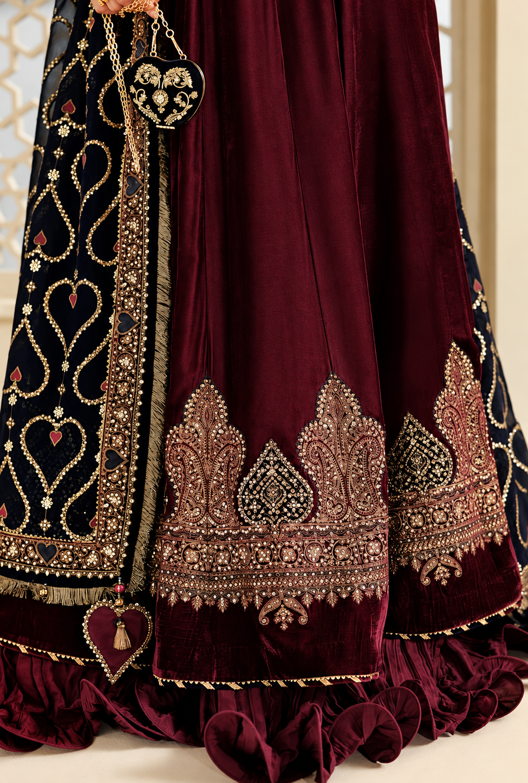 Dilara – Maroon Gold Embroidered Velvet Maxi