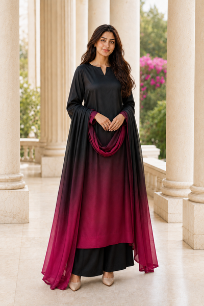 Abeer – Noir Fuchsia Shamoze Silk 3 Piece Suit | Unstitched