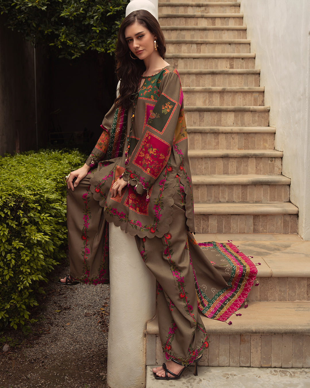 03-Piece Digital Printed Shamoze Silk Dress - Kapra Collection