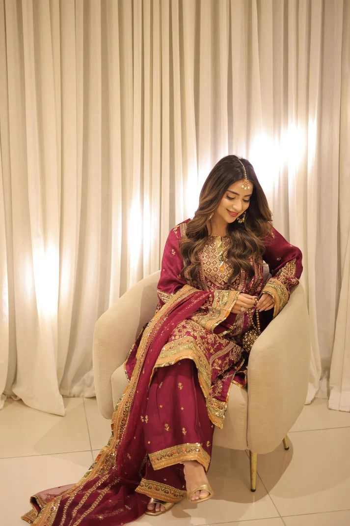 03-Piece Embroidered Silk Suit With Net Dupatta | Unstitched