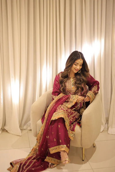 03-Piece Embroidered Silk Suit With Net Dupatta | Unstitched