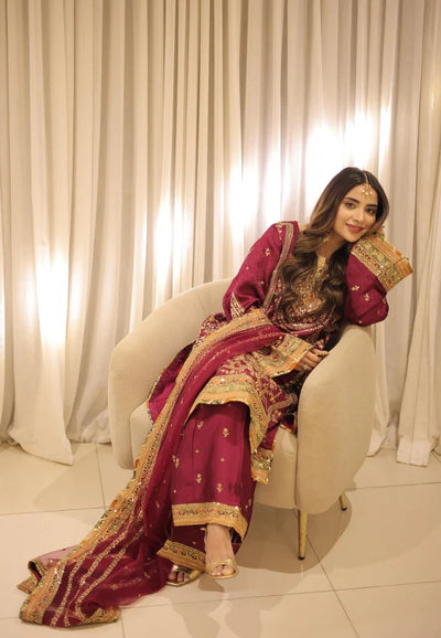 03-Piece Embroidered Silk Suit With Net Dupatta | Unstitched