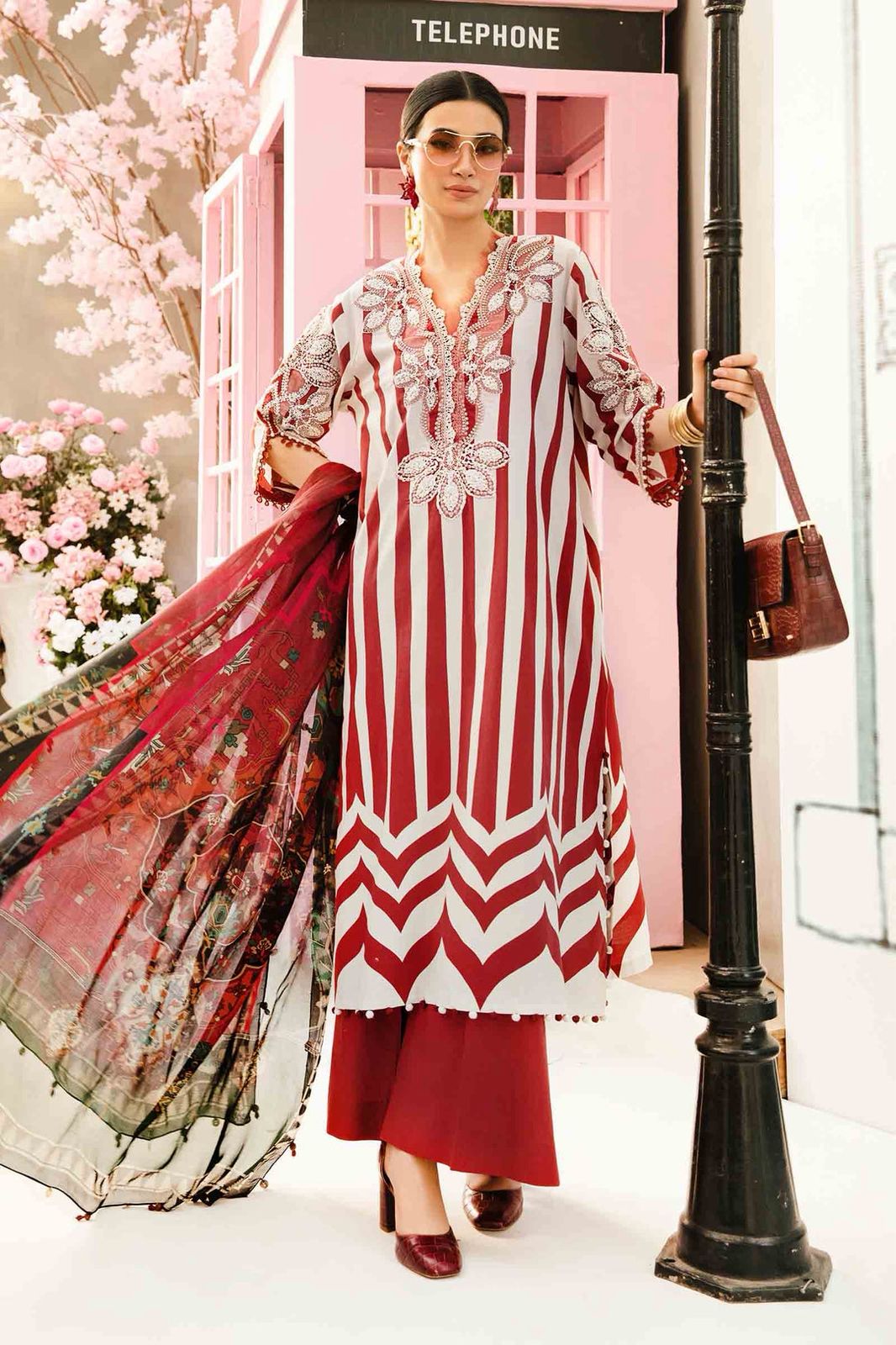 3 Piece Unstitched Lawn Suit Red Strip