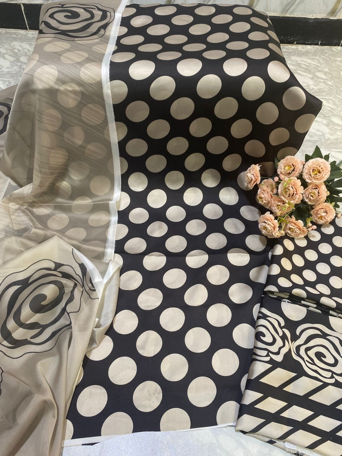 03-Piece Digital Printed Shamoze Silk Suit - Kapra Collection
