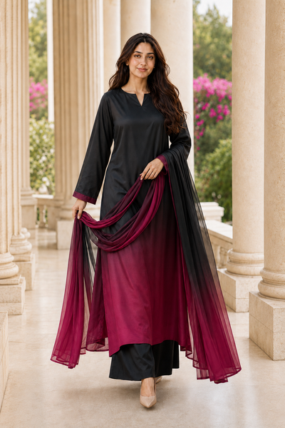 Abeer – Noir Fuchsia Shamoze Silk 3 Piece Suit | Unstitched