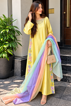 Ayzara – Butter Yellow Floral Embroidered Silk Kaftan
