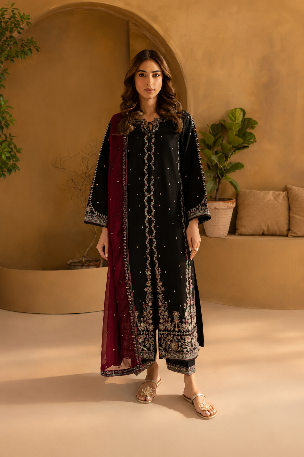 Mahrukh – Noir Maroon Embroidered Cotton Silk 3 Piece Suit | Unstitched