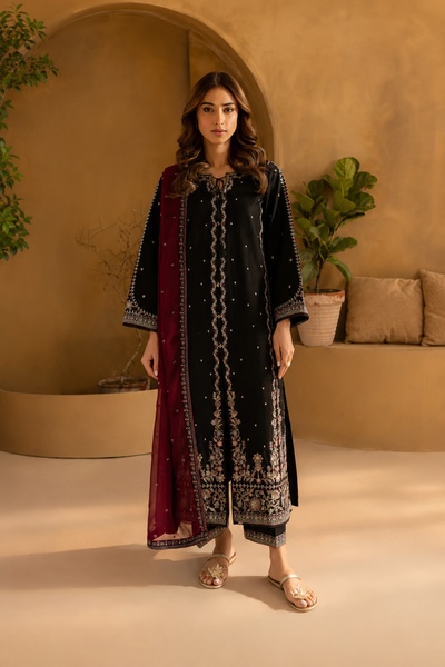 Mahrukh – Noir Maroon Embroidered Cotton Silk 3 Piece Suit | Unstitched