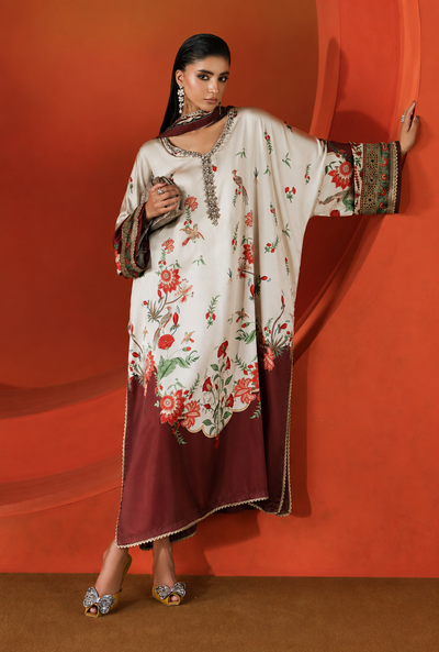 Nashmia – Maria.B Inspired Ivory Maroon Silk Kaftan