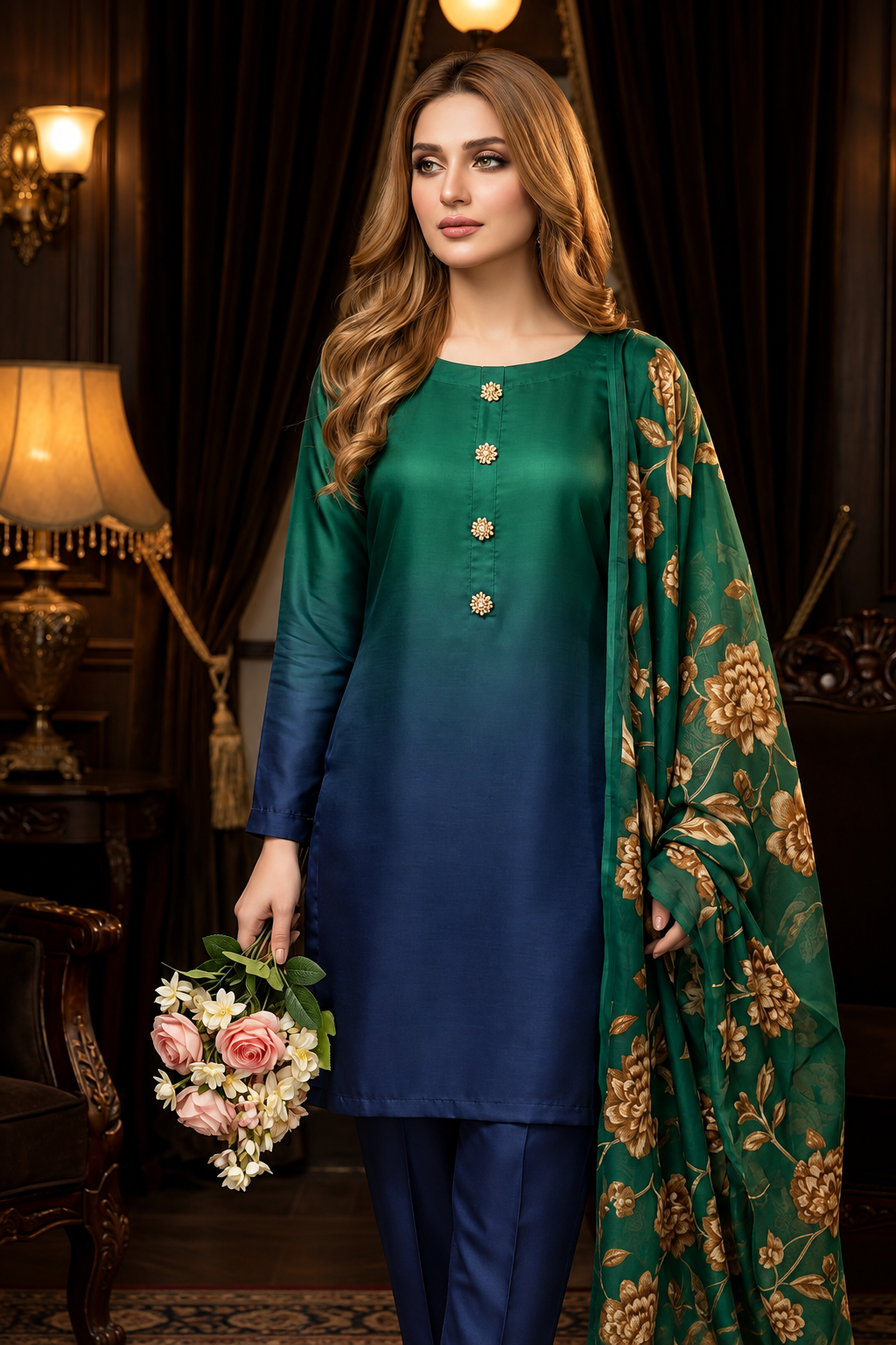 Zaynah – Emerald Navy Shamoze Silk Suit