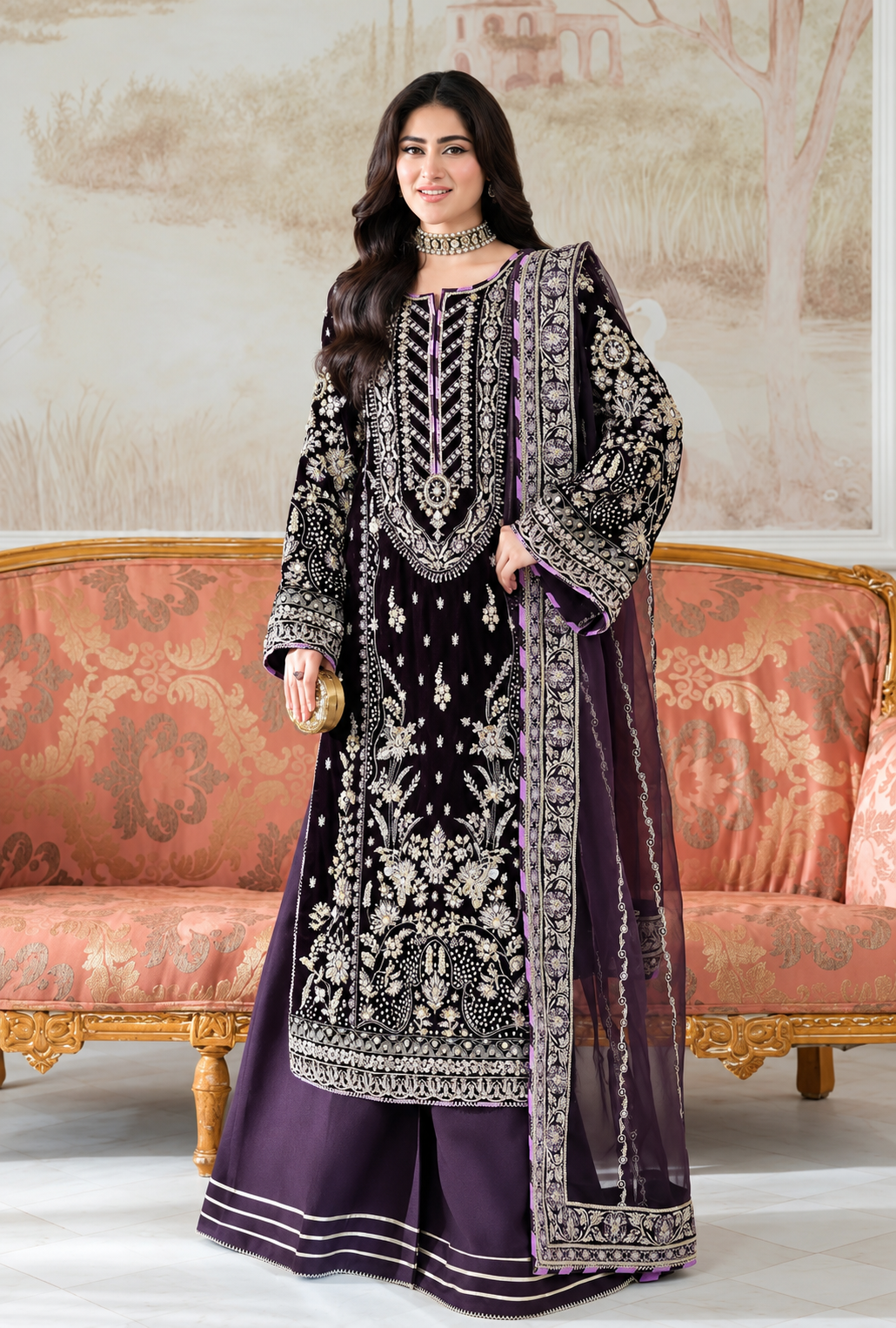 Dureena – Midnight Plum Embroidered Velvet Suit