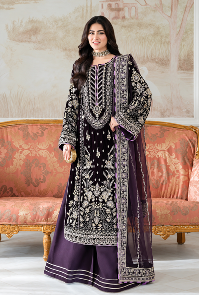 Dureena – Midnight Plum Embroidered Velvet Suit