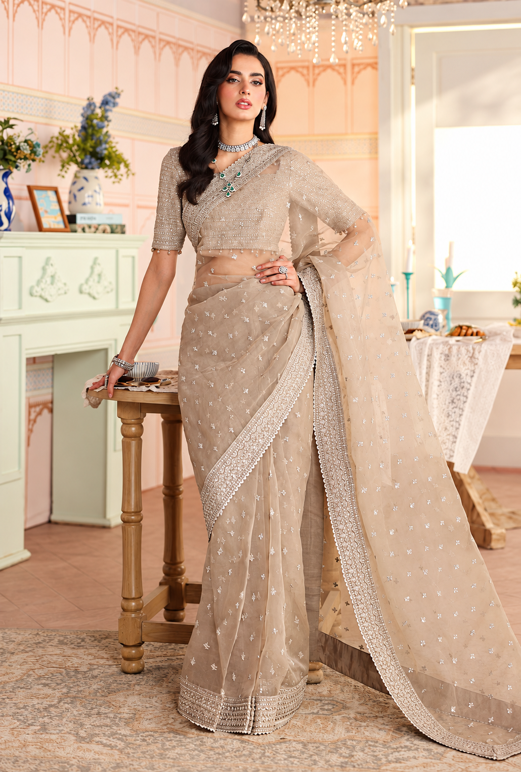 Nureesha – Champagne Sequin Net Saree | Unstitched - Kapra Collection