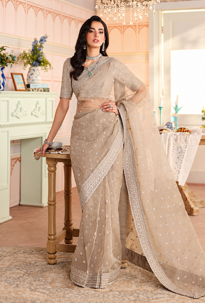 Nureesha – Champagne Sequin Net Saree | Unstitched - Kapra Collection