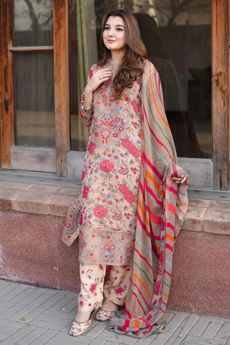 03-Piece Printed Lawn Suit With Chiffon Dupatta | Unstitched