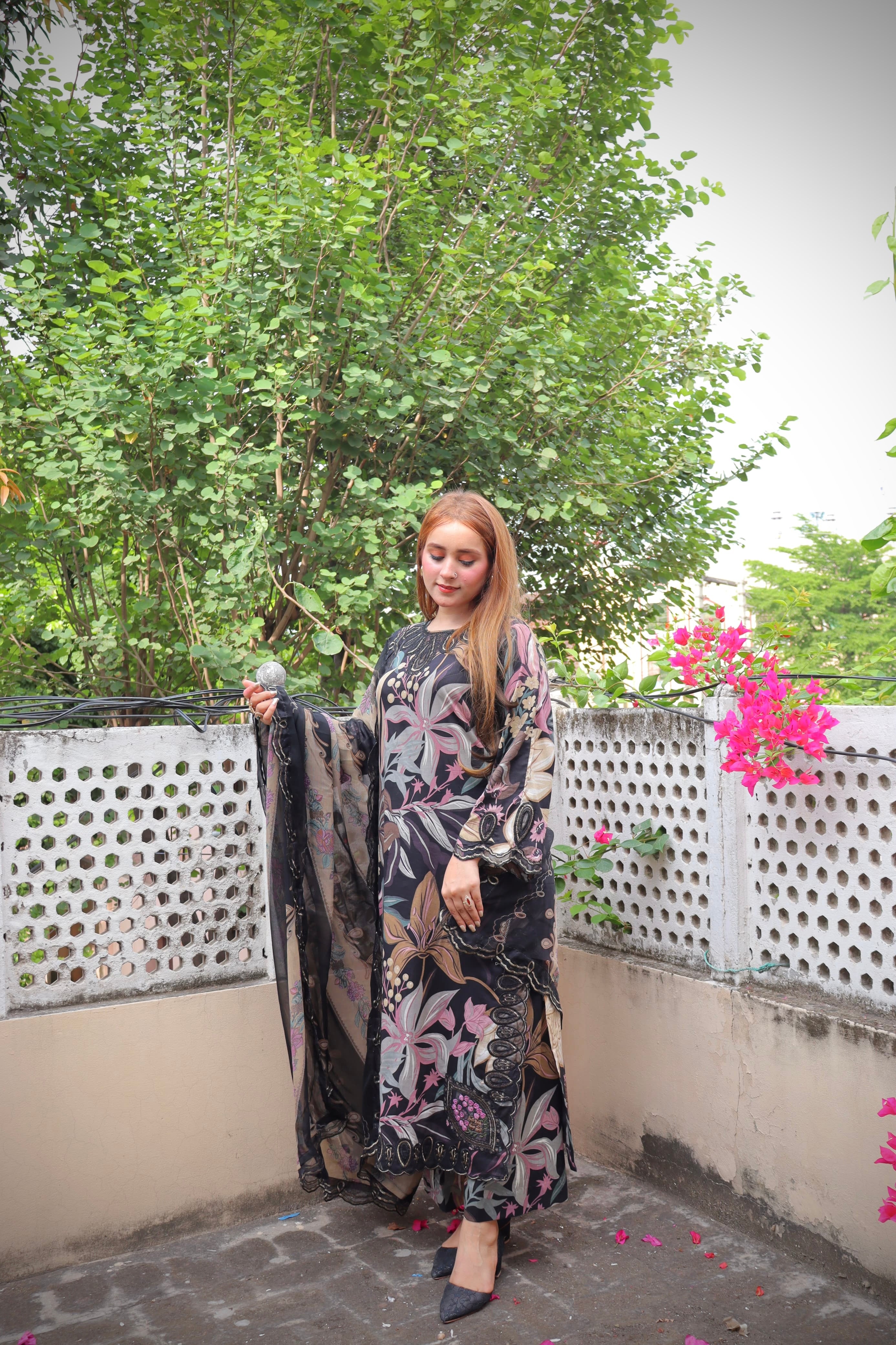 Baroque 3 piece Unstitched Digital Printed Black Dress