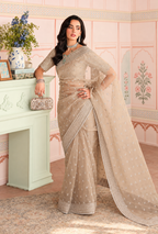 Nureesha – Champagne Sequin Net Saree | Unstitched - Kapra Collection
