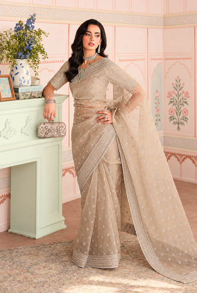 Nureesha – Champagne Sequin Net Saree | Unstitched - Kapra Collection