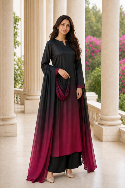 Abeer – Noir Fuchsia Shamoze Silk 3 Piece Suit | Unstitched