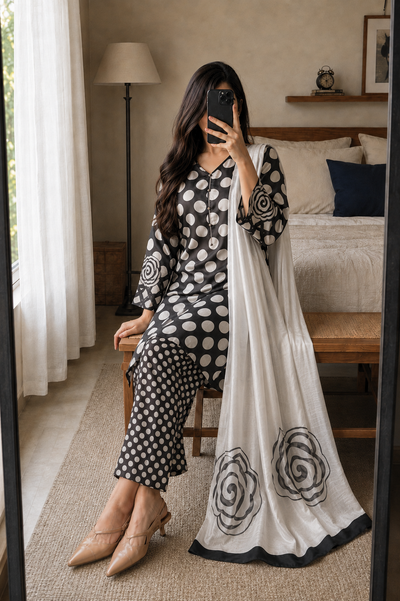 Alina – Ivory Eclipse Shamoze Silk Suit - Kapra Collection