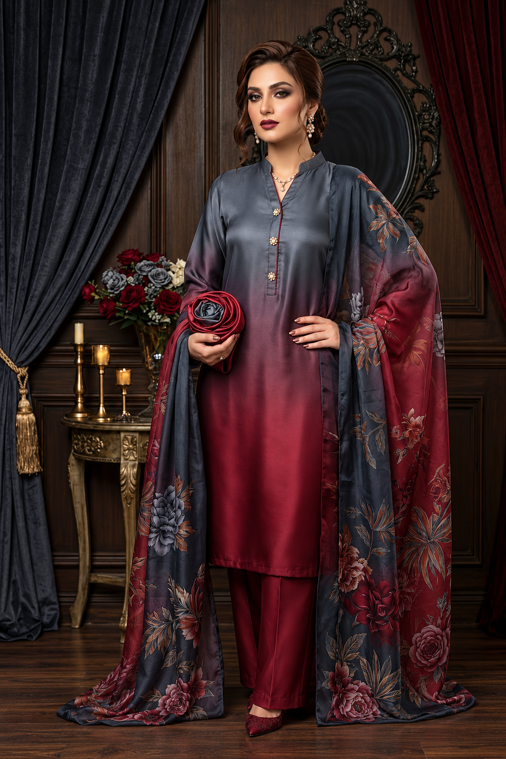 Lamis – Charcoal Burgundy Shamoze Silk Suit