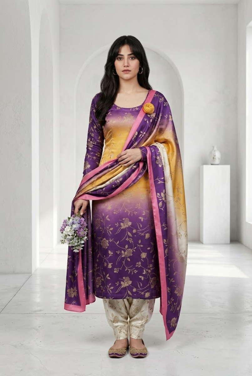 Mustard & Purple Fusion - 03 Piece Silk Suit | Unstitched