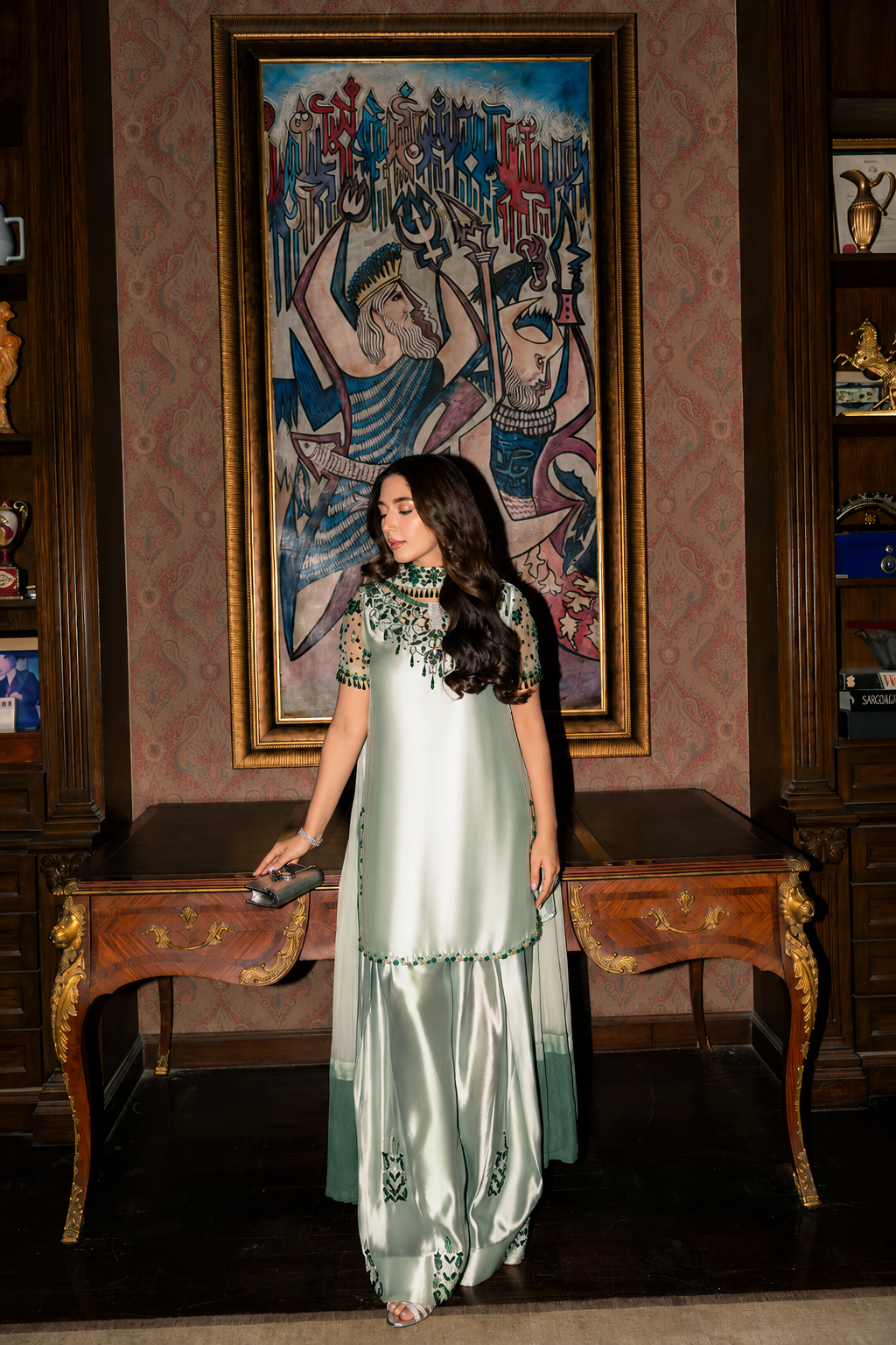 Elham – Golmohar Inspired Mint Shamoze Silk Suit