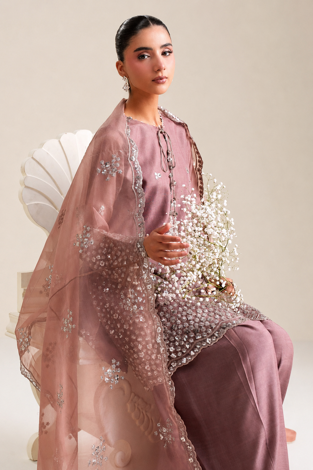 Roshaneh – Thread & Sequin Embroidered Cotton Silk 3 Piece Suit | Unstitched