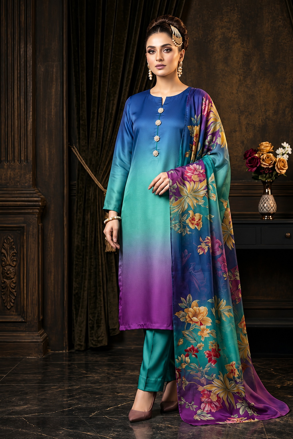 Aizah – Royal Aqua Shamoze Silk Suit