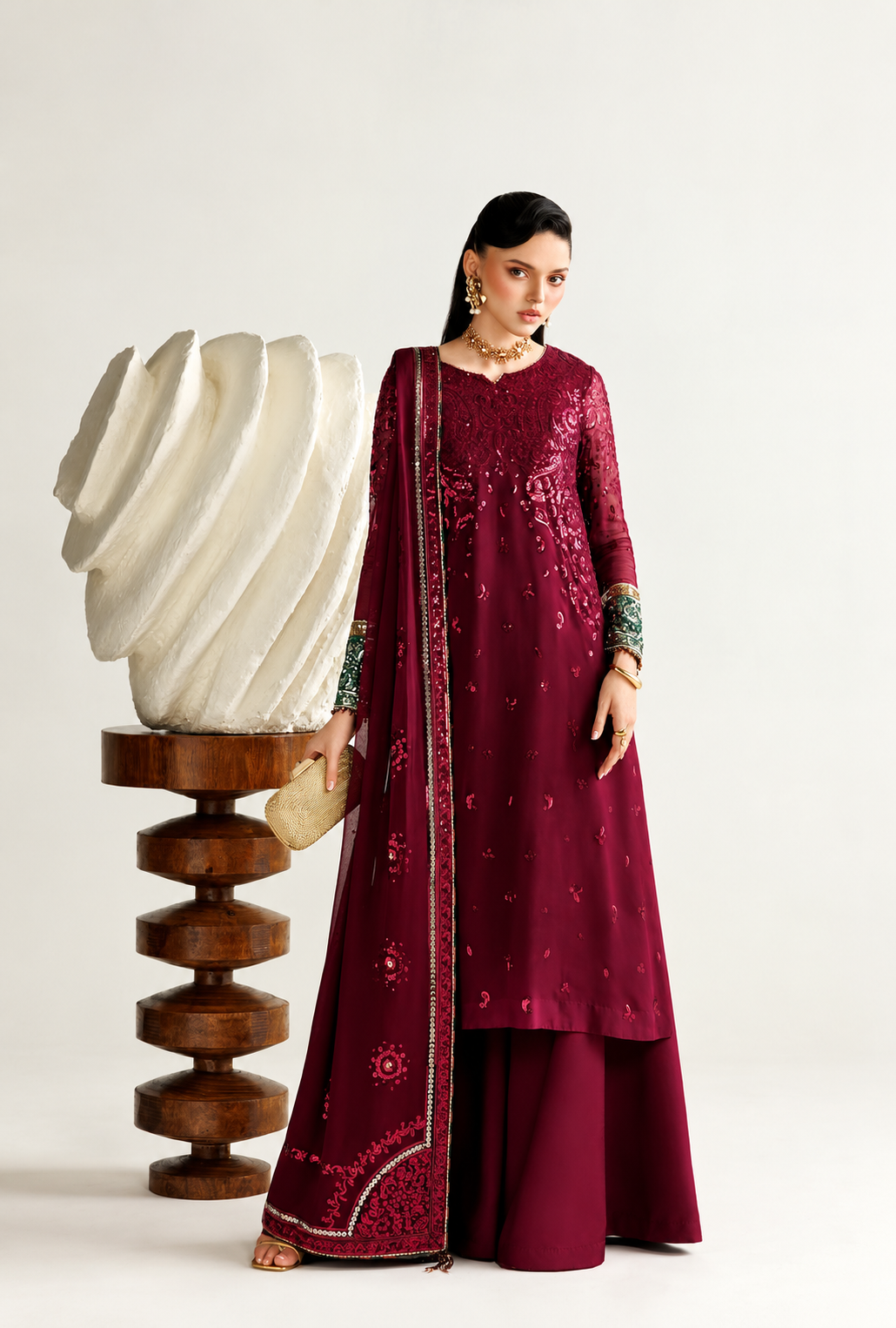 Zaira – Burgundy Bloom Embroidered Chiffon Suit