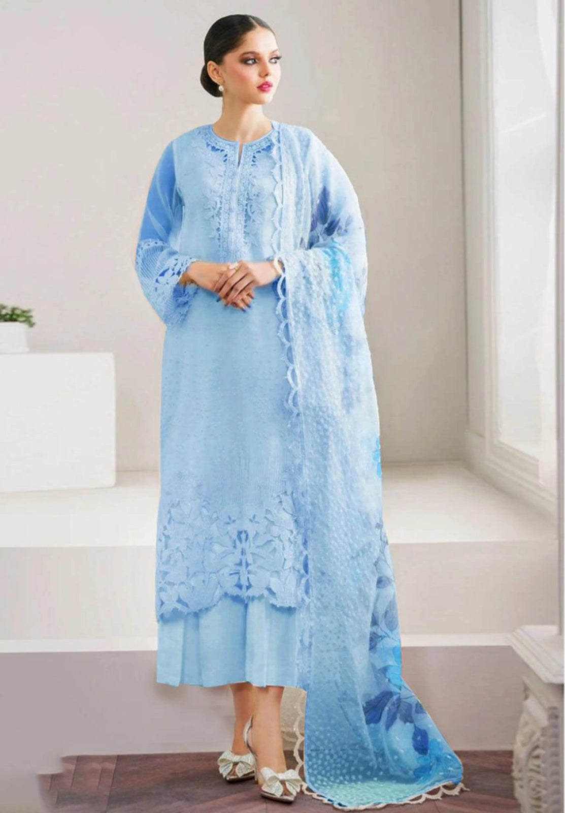 Baroque Luxury Sky Blue Organza Emb Dress
