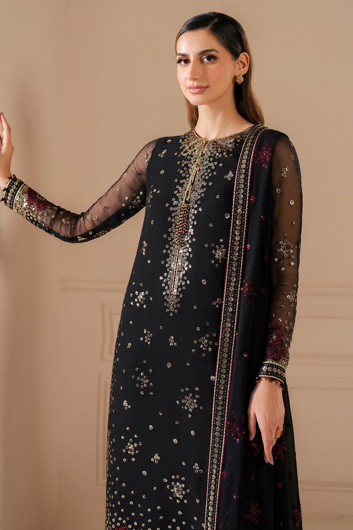 Embroidered chiffon Luxury Black Dress