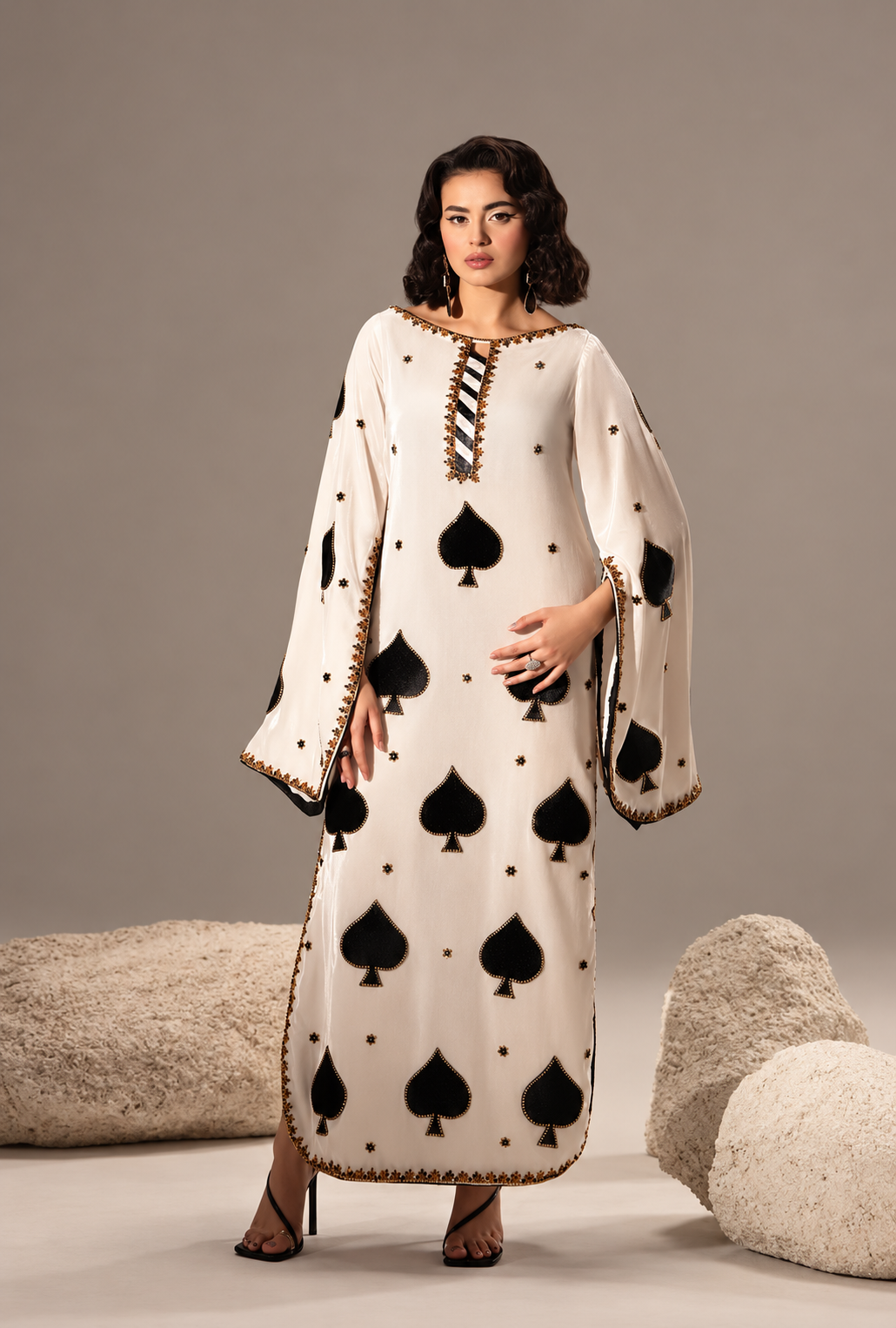 Kashmala – Ivory Spade Embroidered Silk Kaftan - Kapra Collection
