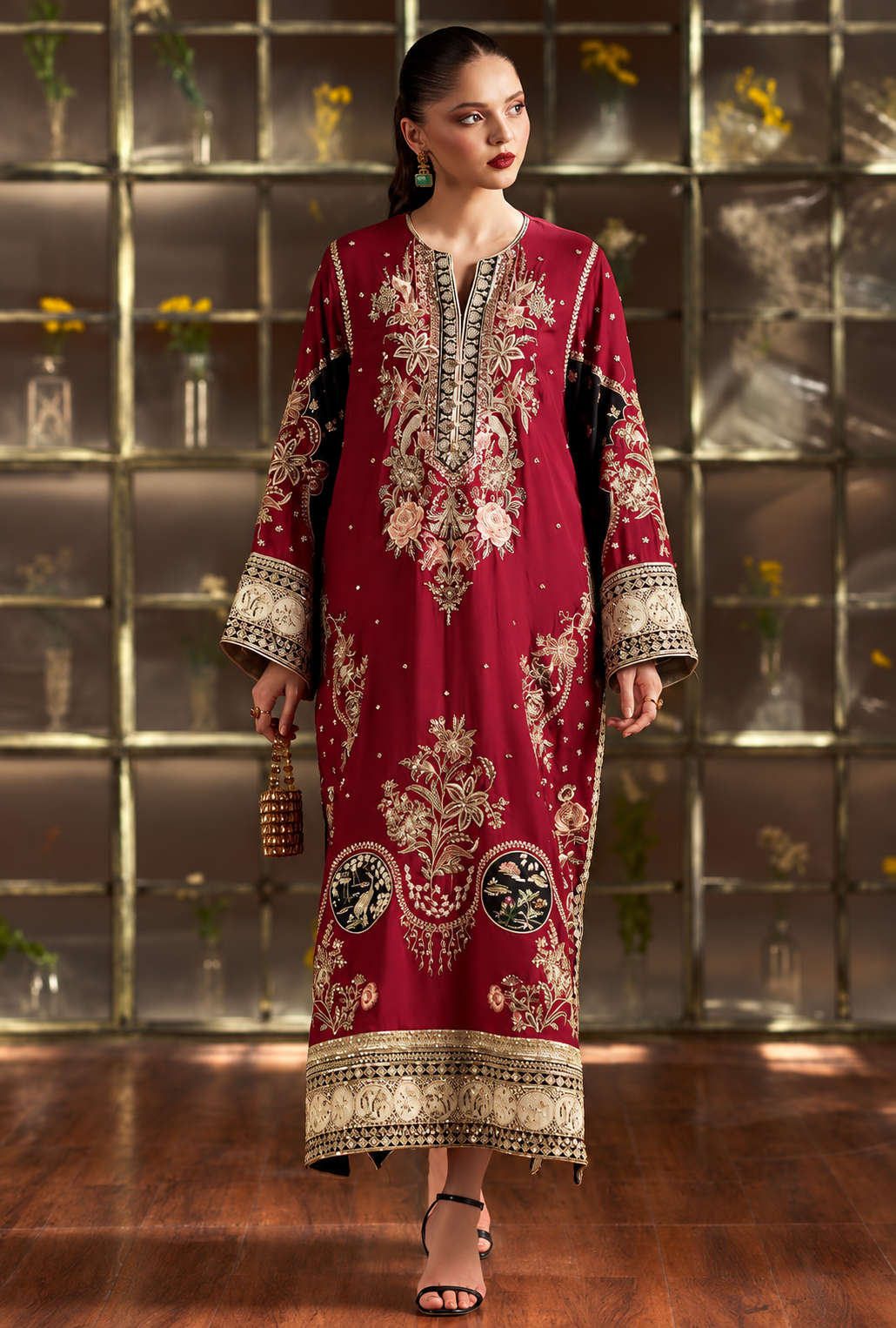 Zareefa – Maroon Gold Embroidered Silk Kaftan