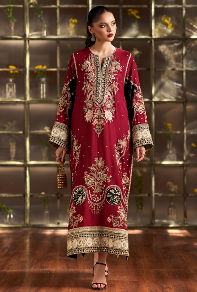 Zareefa – Maroon Gold Embroidered Silk Kaftan