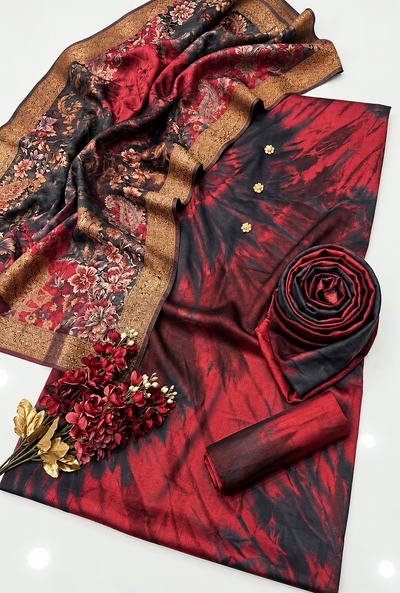 Nayra – Crimson Noir Printed Silk Suit