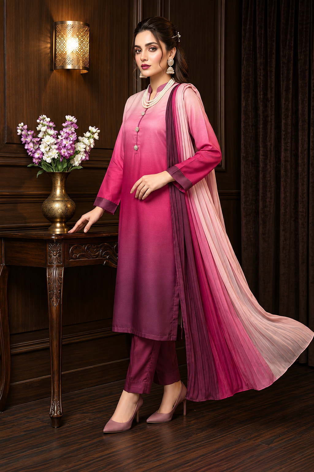 Tabeer – Blush Berry Shamoze Silk Suit