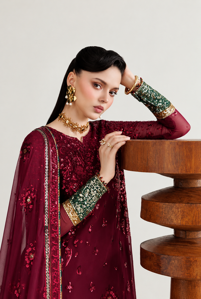 Zaira – Burgundy Bloom Embroidered Chiffon Suit