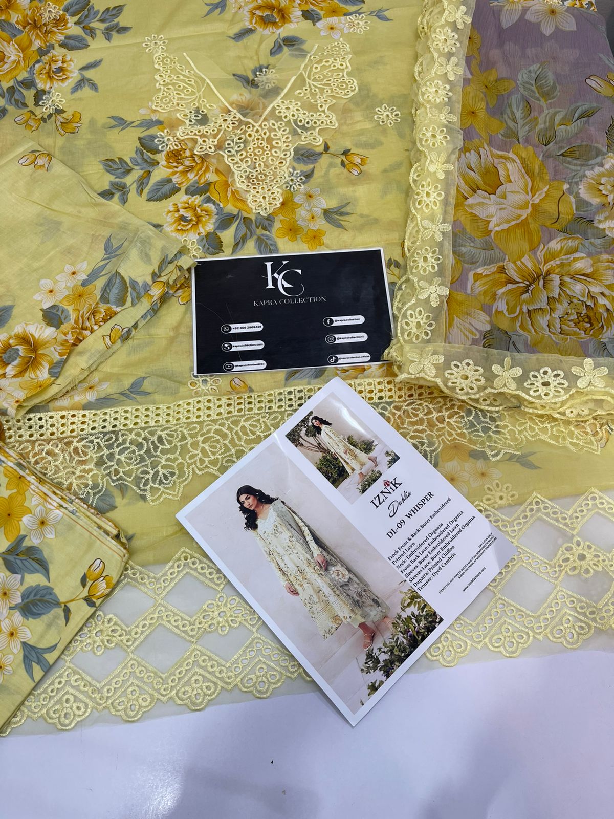 Iznik lemon chikan lawn unstitched