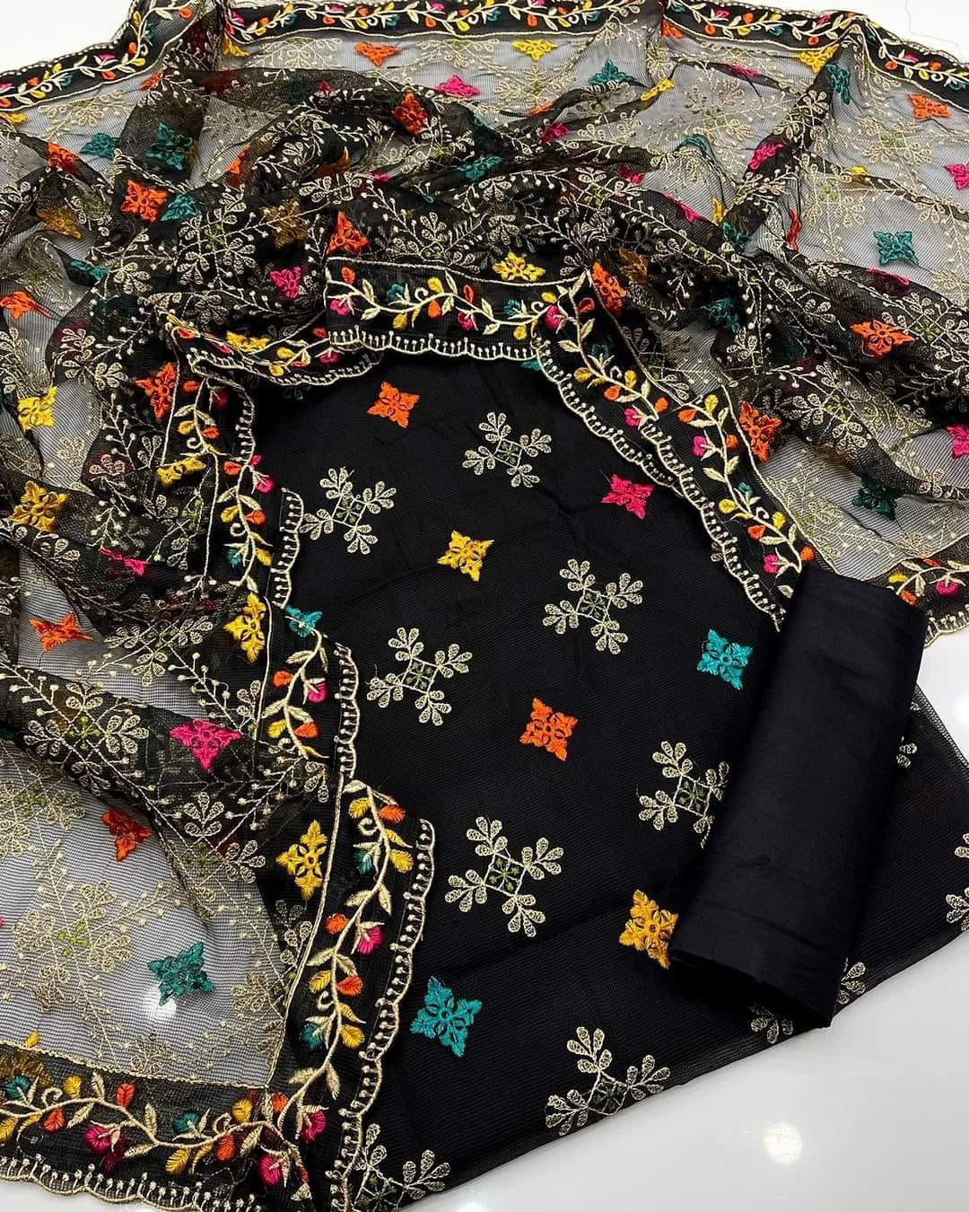 Black Embroidered cotton unstitched dress