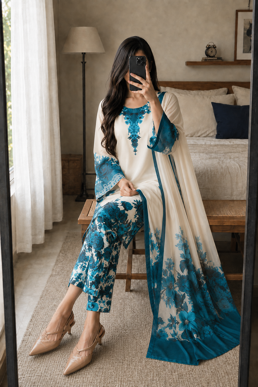 Aabroo – Ivory Teal Shamoze Silk Suit