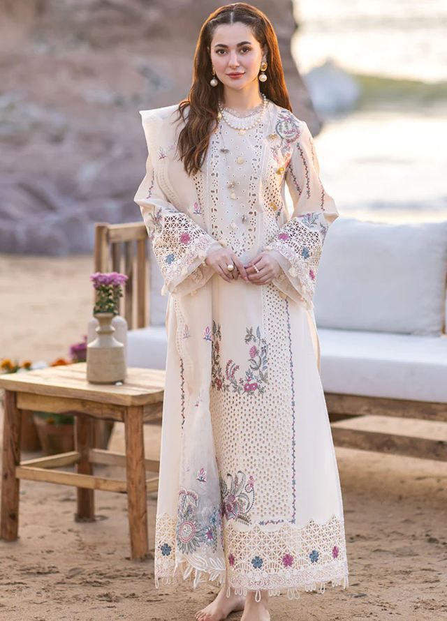 Qalamkar Off White Luxury Lawn Chikankari Embroidery Dress
