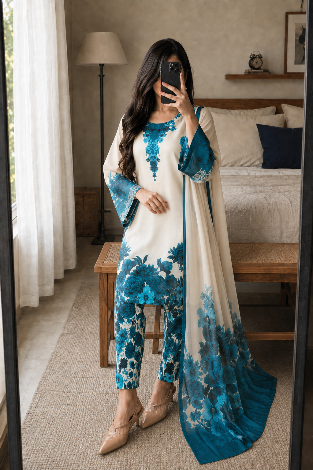 Aabroo – Ivory Teal Shamoze Silk Suit