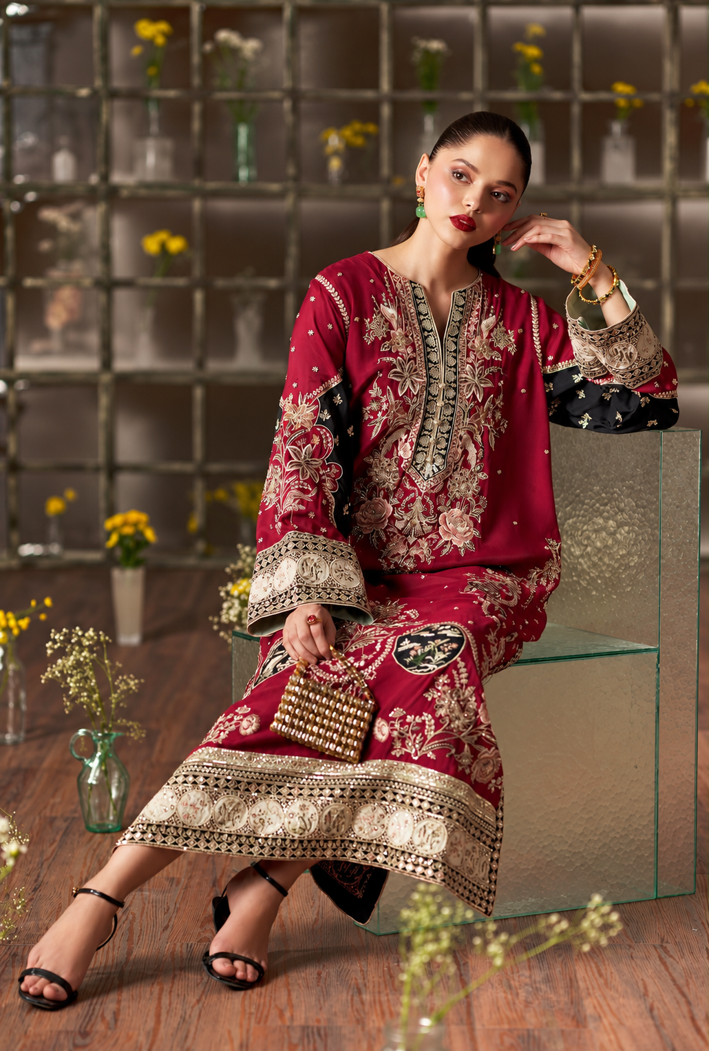 Zareefa – Maroon Gold Embroidered Silk Kaftan