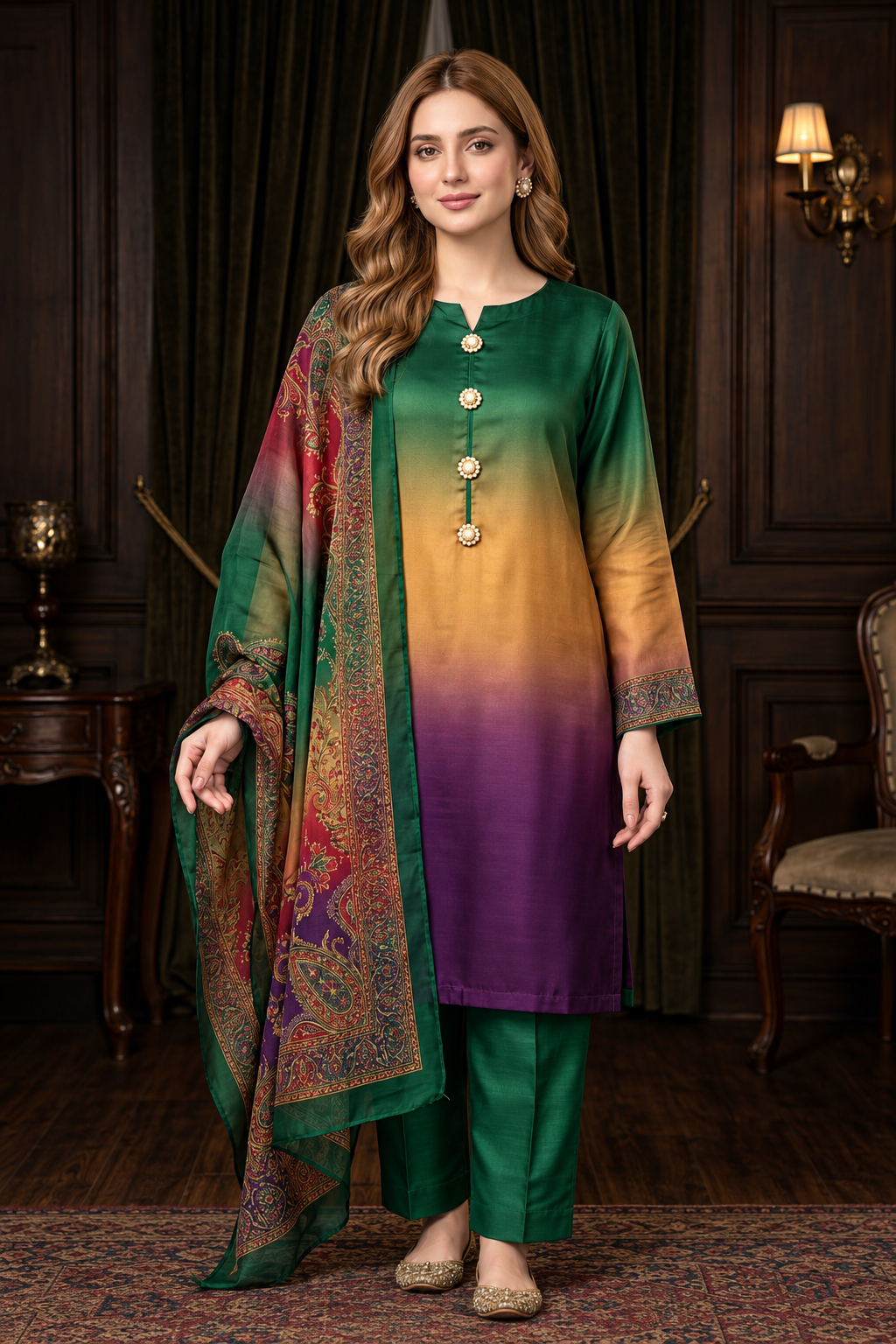 Hifza – Emerald Plum Shamoze Silk Suit