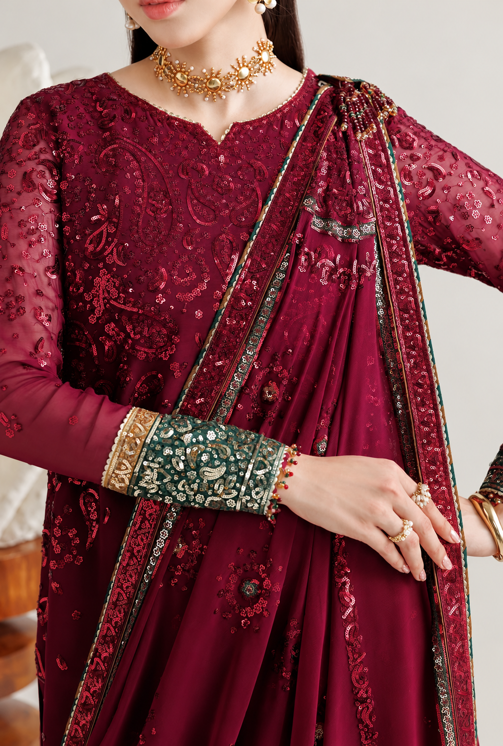 Zaira – Burgundy Bloom Embroidered Chiffon Suit