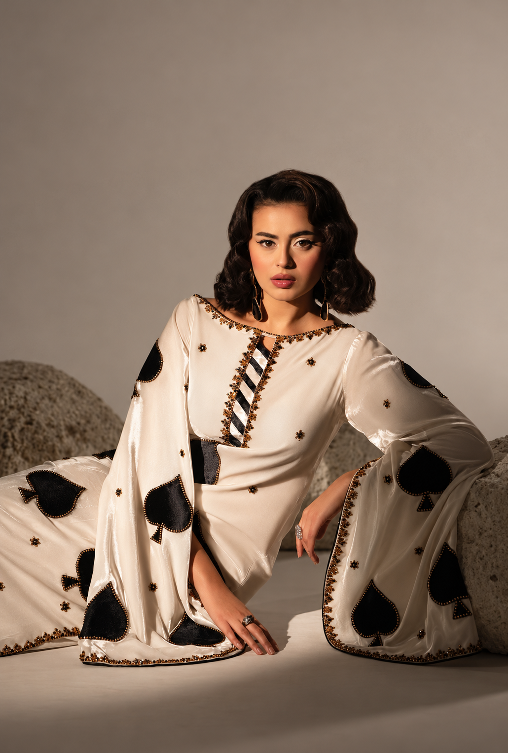 Kashmala – Ivory Spade Embroidered Silk Kaftan - Kapra Collection