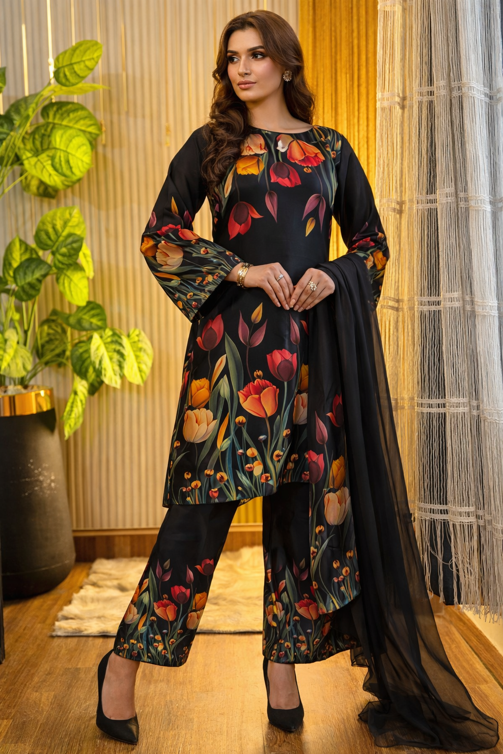 Digital Print Silk 3Pcs (3D FLOWERS) Black - Kapra Collection