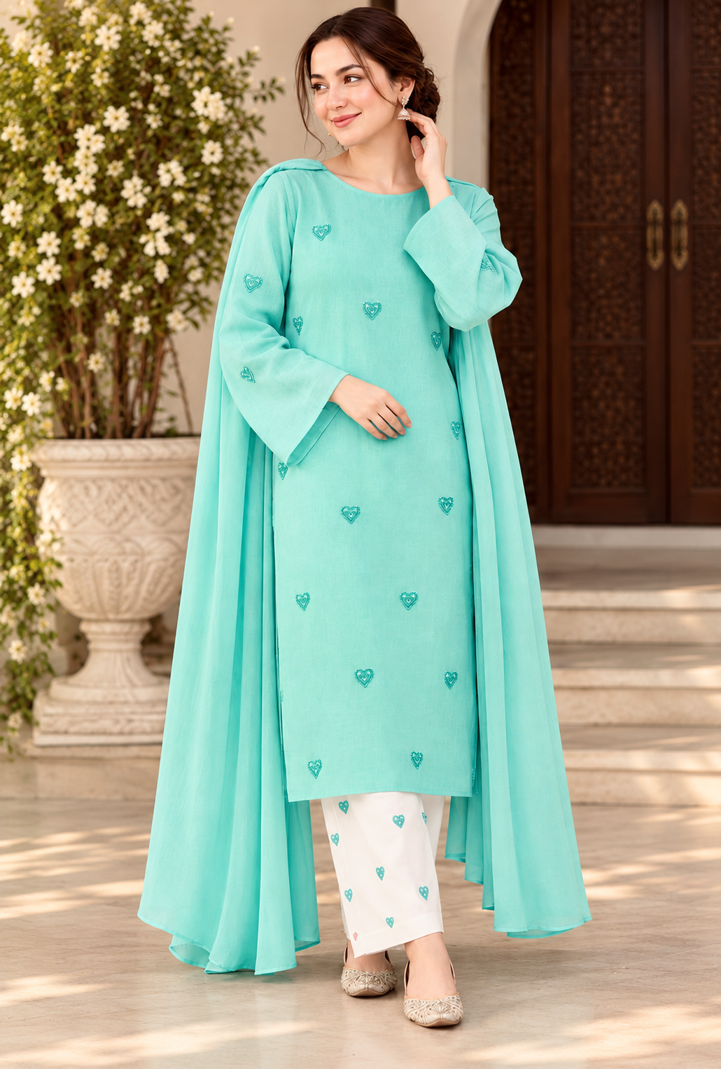 Fariyal – Mint Heart Embroidered Lawn Suit