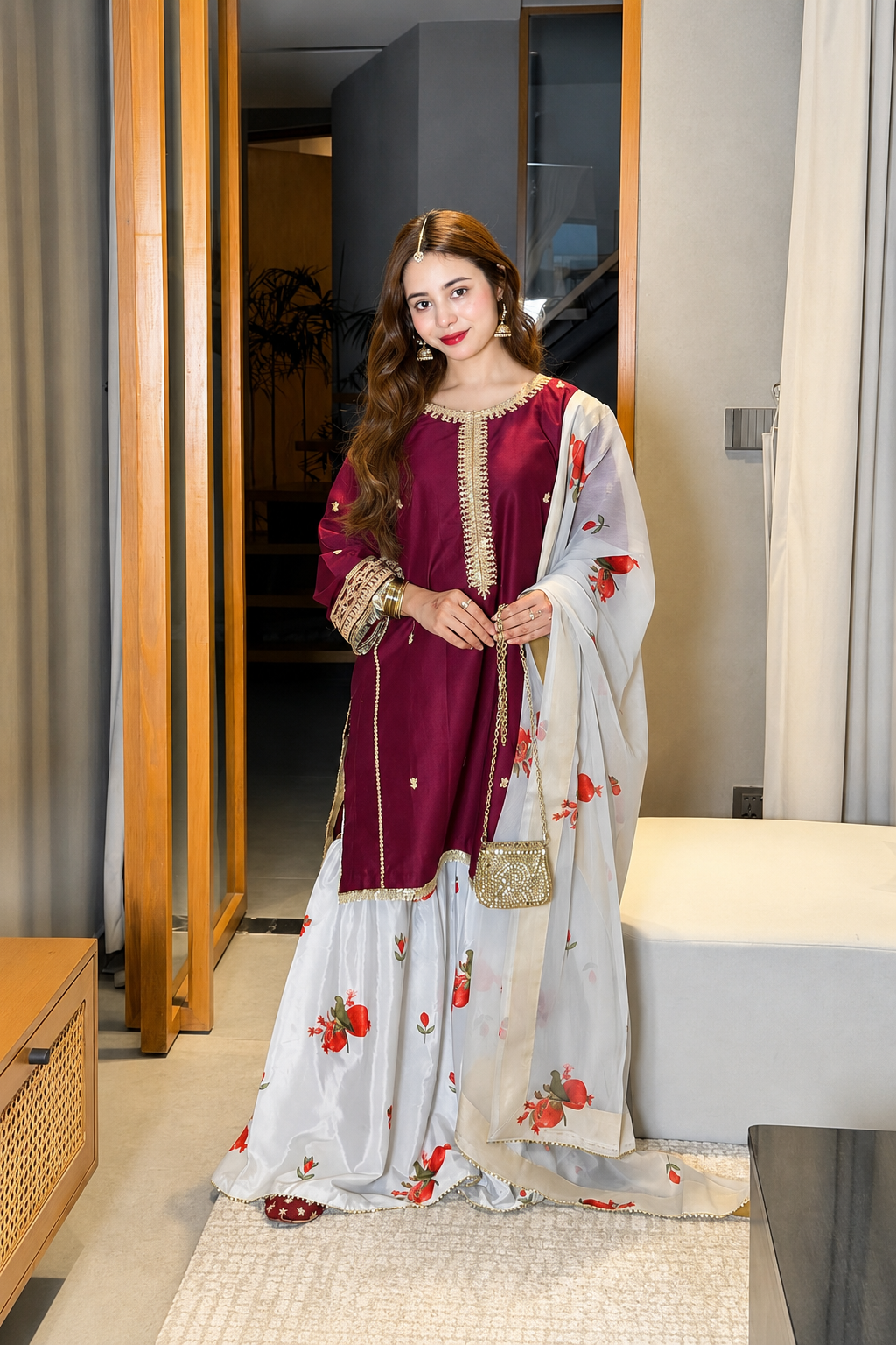 Rameesha – Murk Inspired Crimson Shamoze Silk Suit